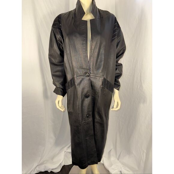 Vintage 1980s–1990s Excelled Genuine Leather Long Trench Coat – Black – Size S - Picture 14 of 16
